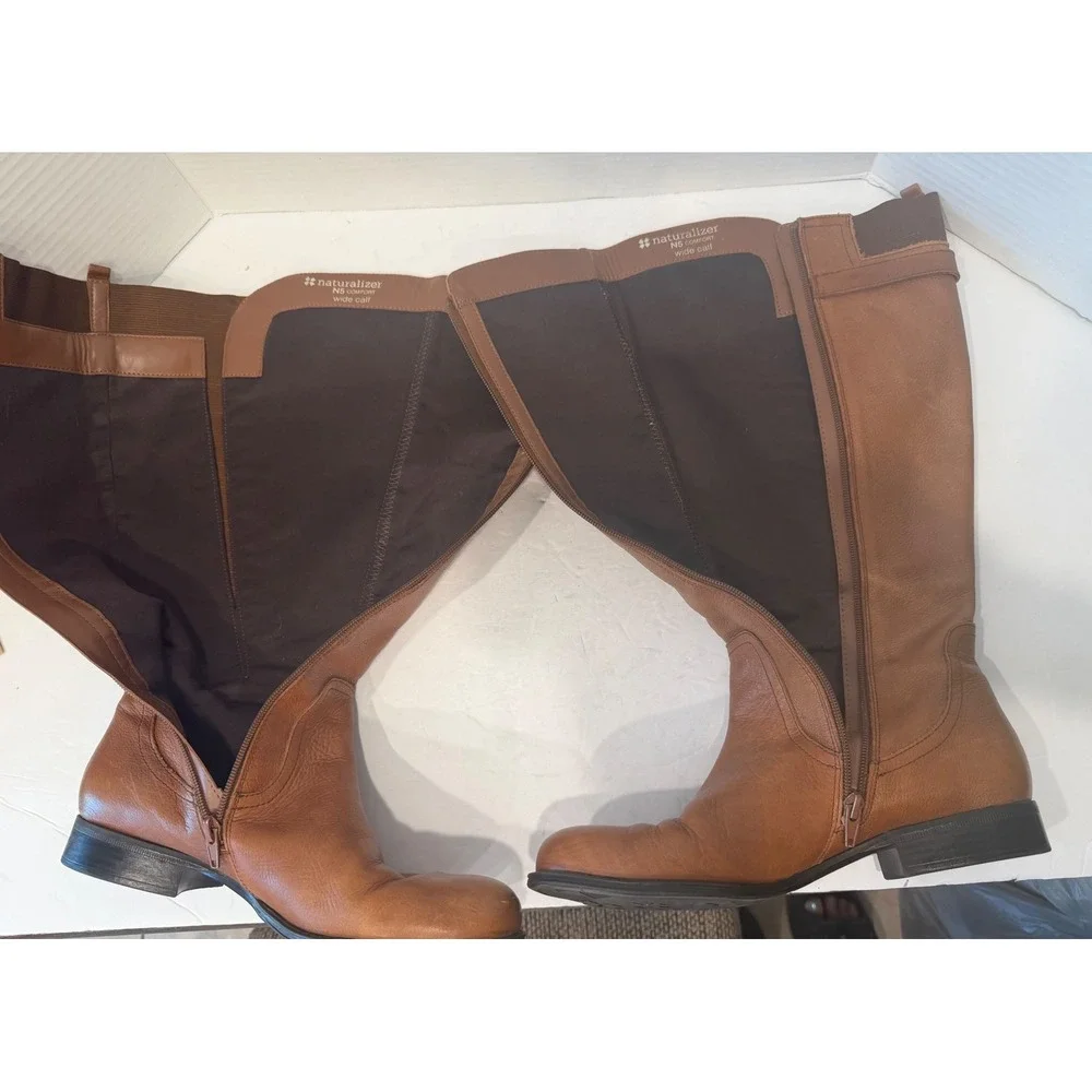 Naturalizer Cognac Brown Leather Buckle Tall Knee High Wide Calf Riding Boots 10